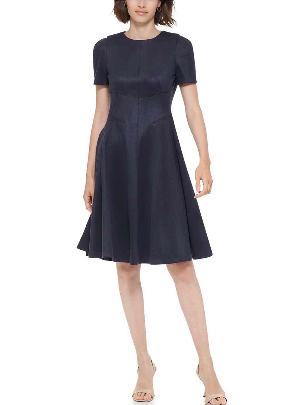 NWT Calvin Klein Navy Short-Sleeve Fit-and-Flare Midi Dress